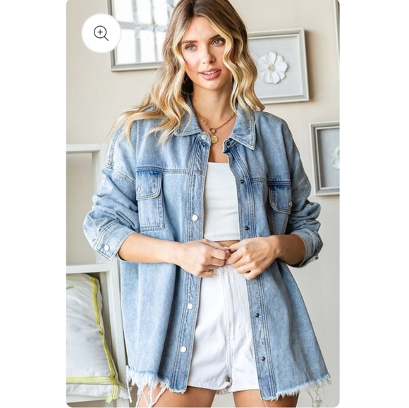 First Love Denim Smiley Face Embroidered Shacket Jacket Size Large NWOT - Picture 2 of 11